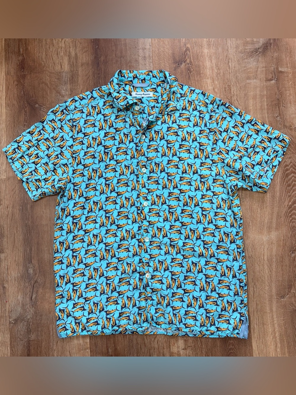 Tommy Bahama Mens M Moorea Marlins Hawaiian Aloha Blue Rayon Summer Vacation